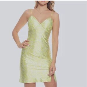 JOLIE & JOY Floral Satin Mini Dress Size Medium Lime Green Ditsy Slip Dress Slit